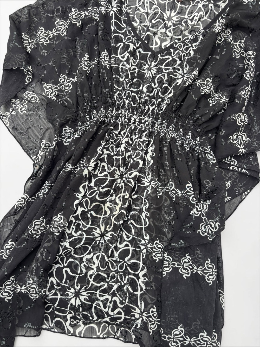 Y2K Black White Sequin Abstract Scroll Tunic Sheer Flutter Sleeve Boho M - Picture 7 of 11